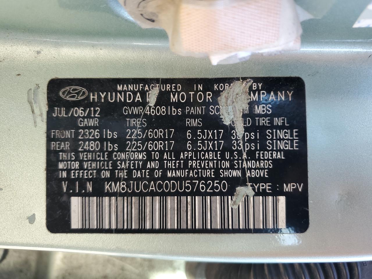 2013 Hyundai Tucson Gls VIN: KM8JUCAC0DU576250 Lot: 57407105