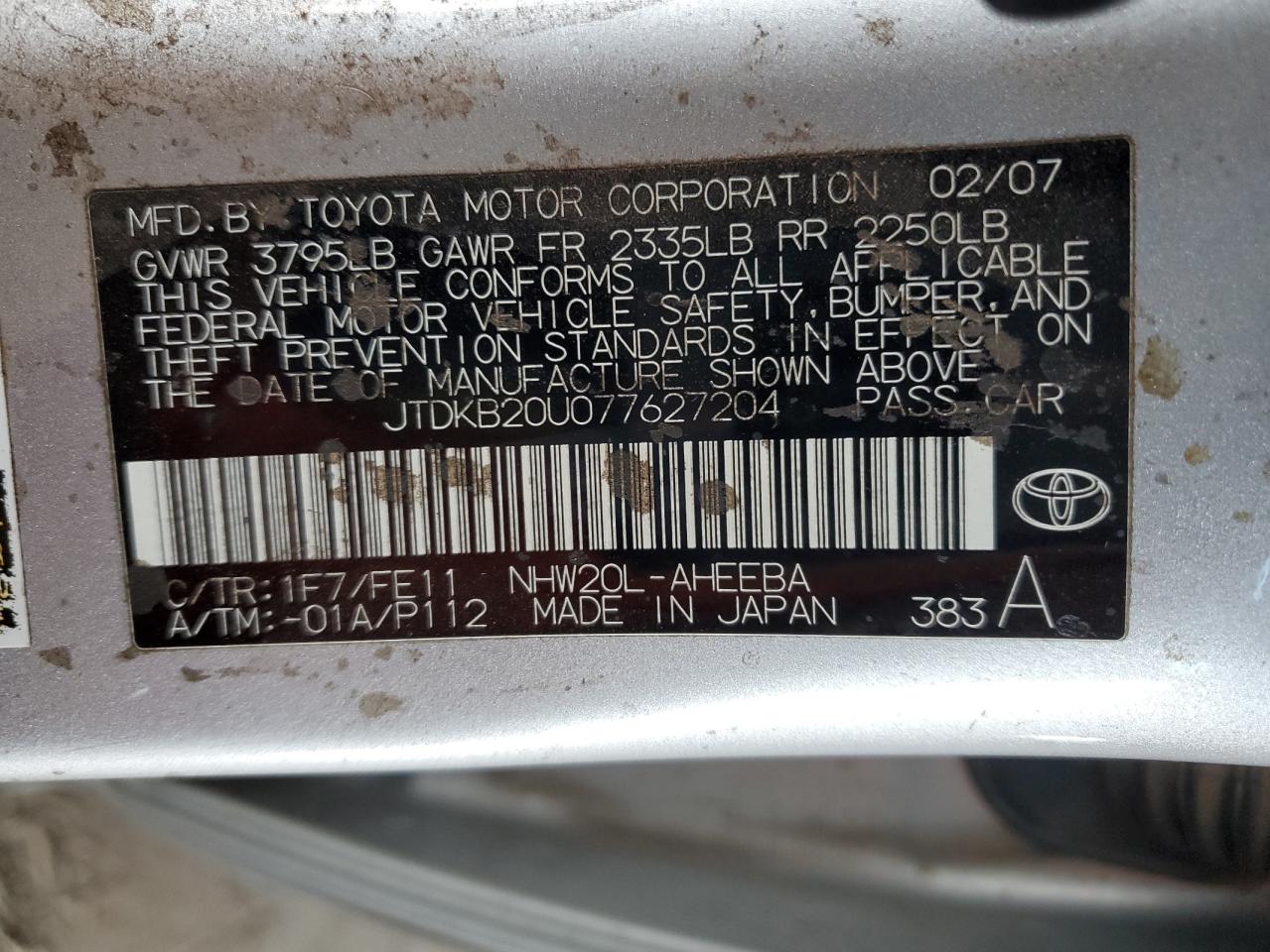 2007 Toyota Prius VIN: JTDKB20U077627204 Lot: 57090305