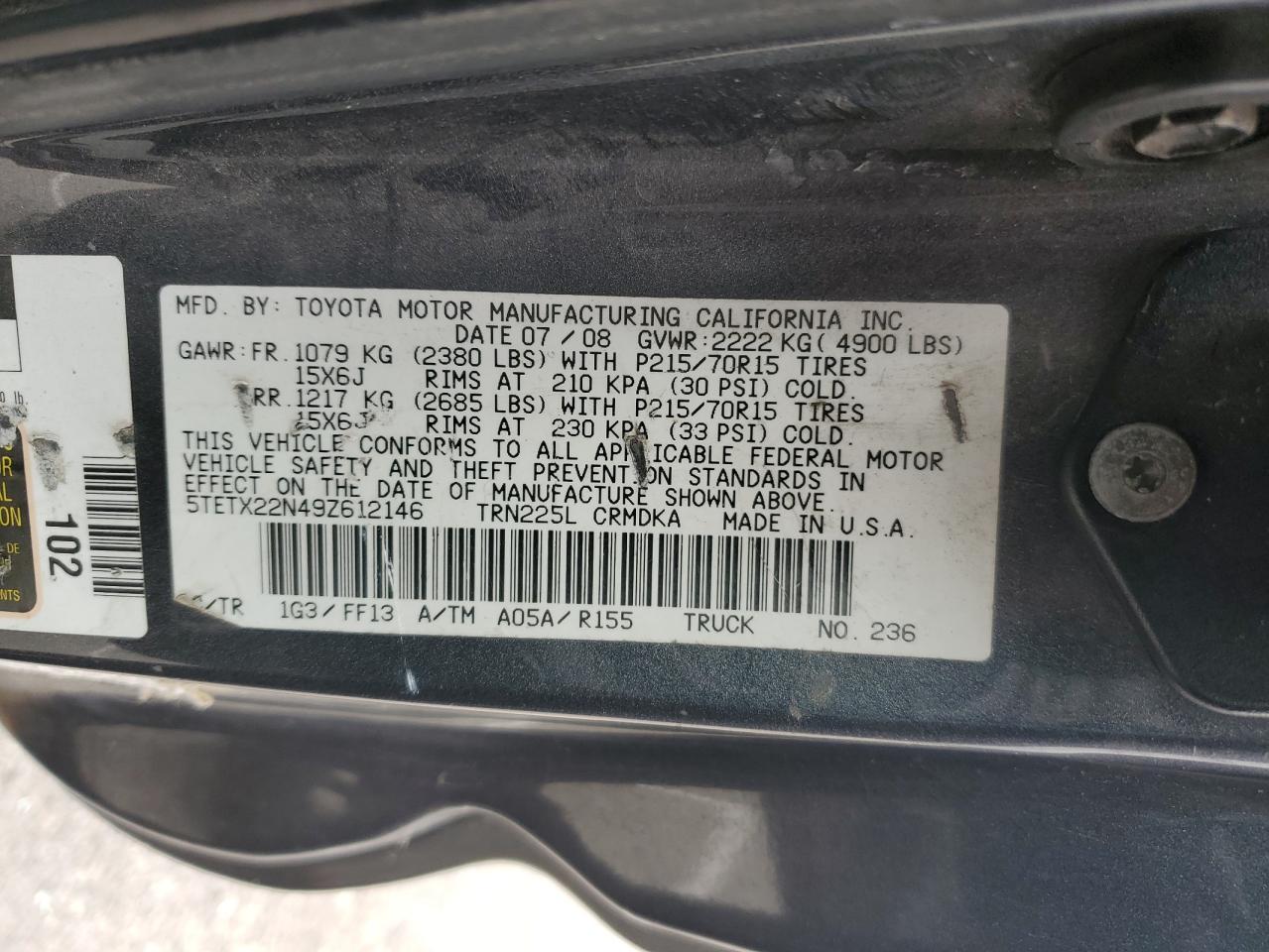 2009 Toyota Tacoma Access Cab VIN: 5TETX22N49Z612146 Lot: 55650845