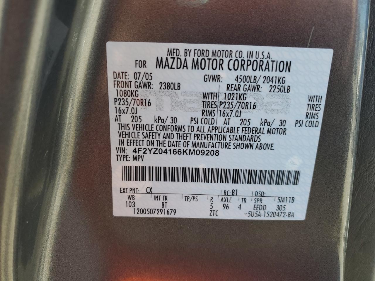 2006 Mazda Tribute S VIN: 4F2YZ04166KM09208 Lot: 55902425