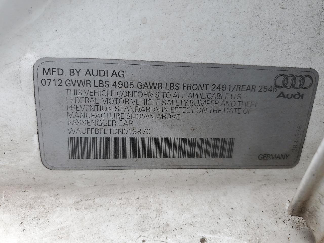 2013 Audi A4 Premium Plus VIN: WAUFFBFL1DN013870 Lot: 57000955