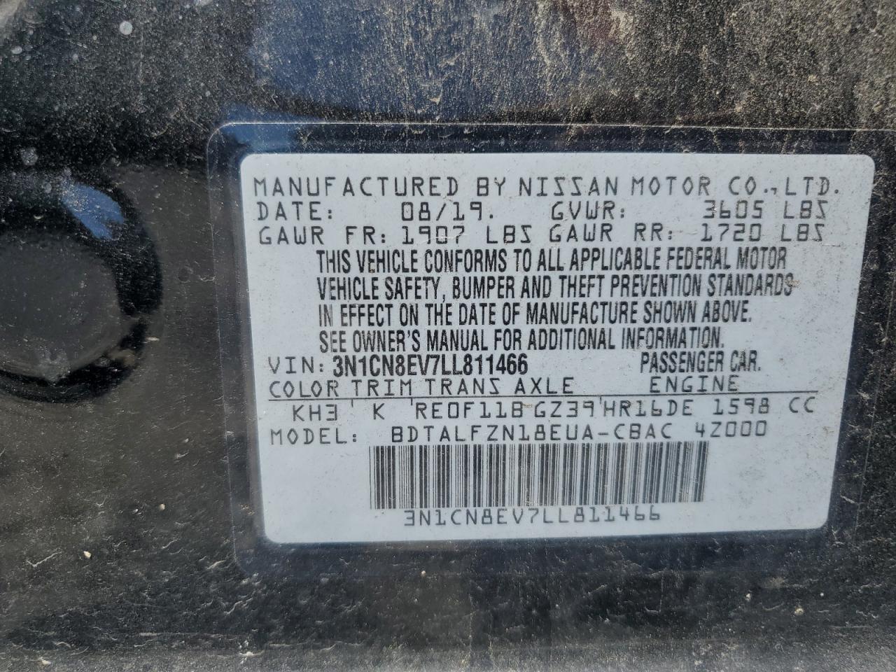 2020 Nissan Versa Sv VIN: 3N1CN8EV7LL811466 Lot: 58016865