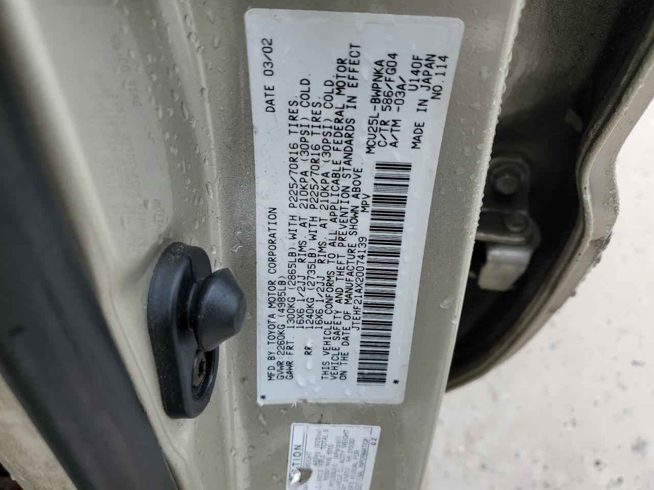 2002 Toyota Highlander Limited VIN: JTEHF21AX20074139 Lot: 56865635