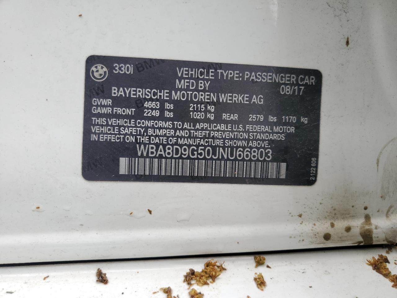 2018 BMW 330 Xi VIN: WBA8D9G50JNU66803 Lot: 57295225