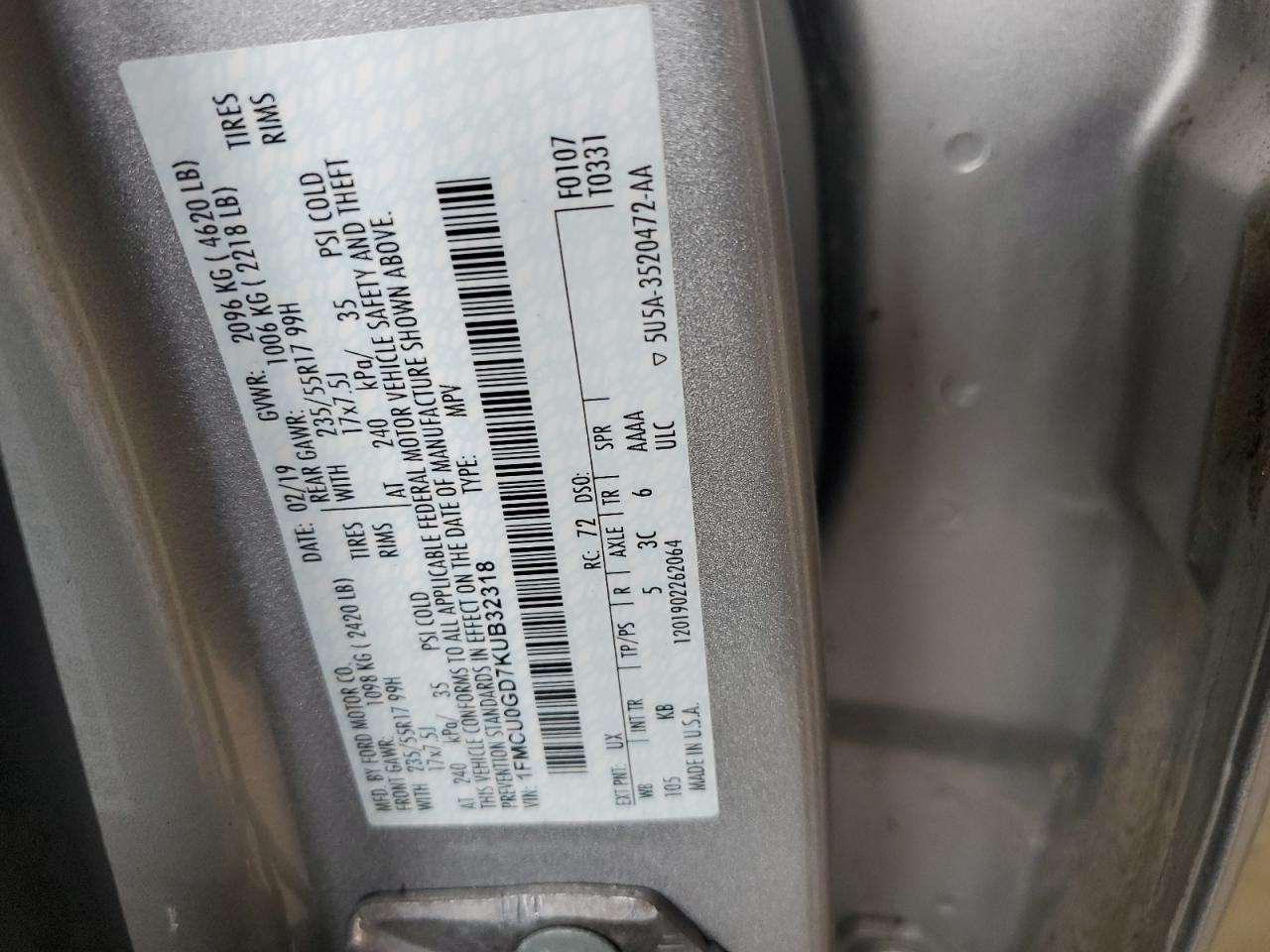 1FMCU0GD7KUB32318 FORD ESCAPE 2019