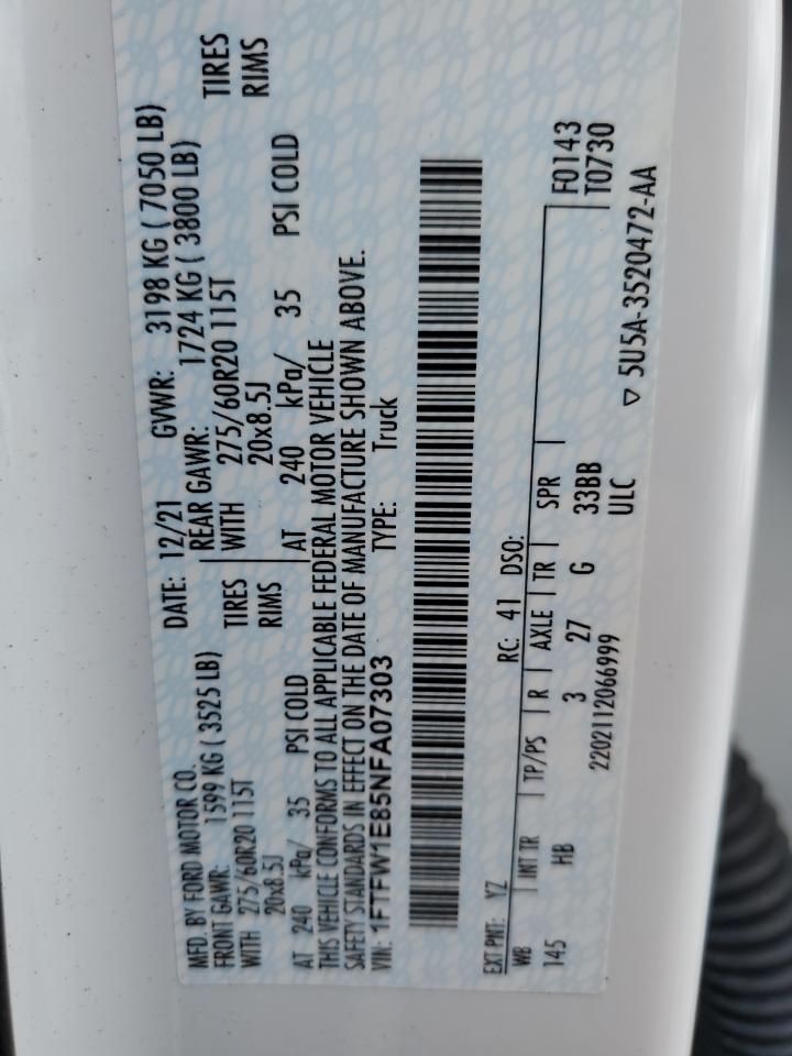 2022 Ford F150 Supercrew VIN: 1FTFW1E85NFA07303 Lot: 58571145