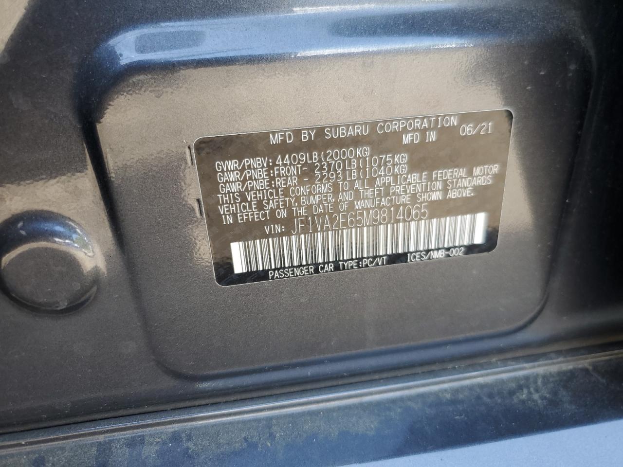 2021 Subaru Wrx Sti VIN: JF1VA2E65M9814065 Lot: 55269985