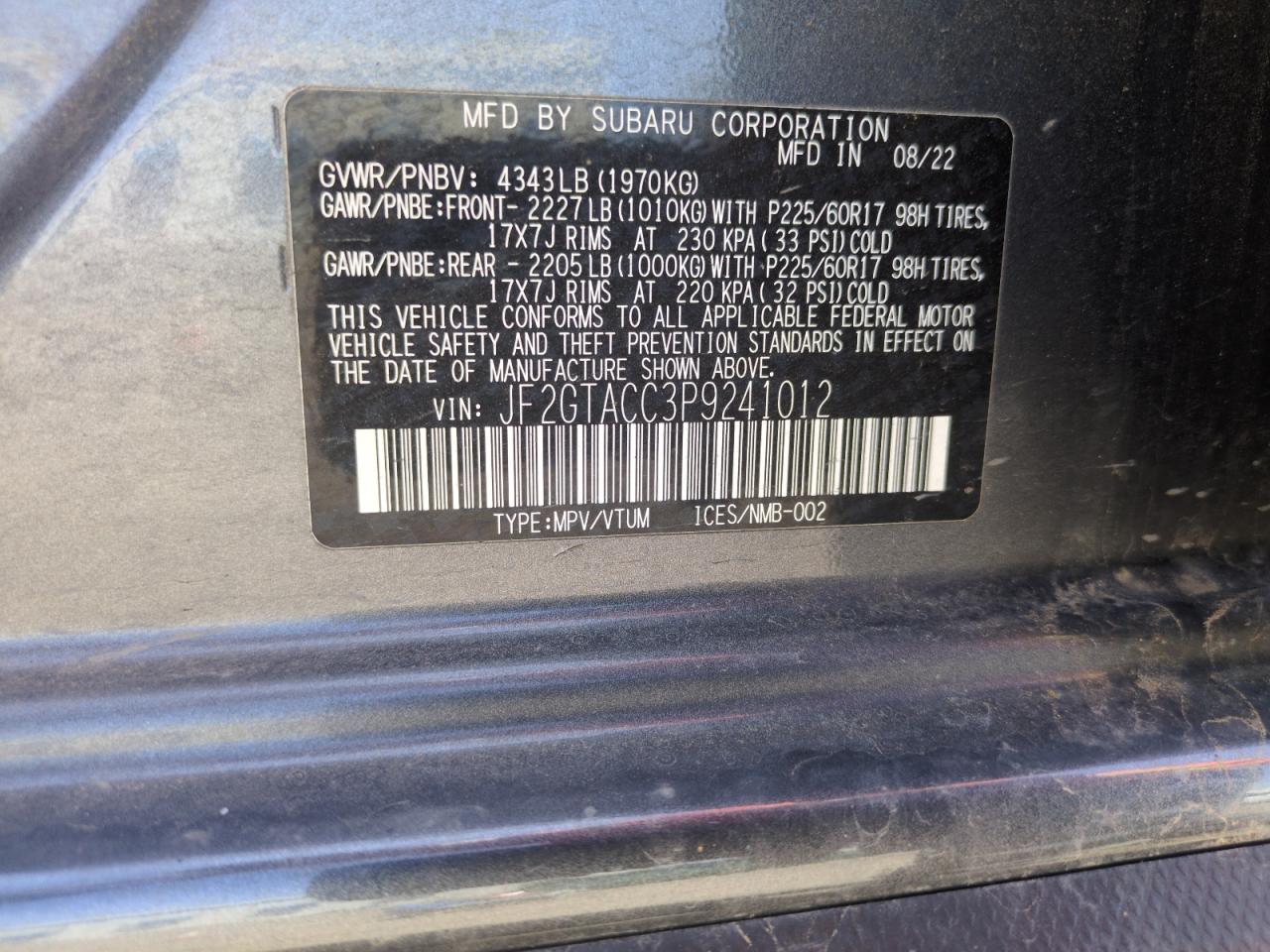 2023 Subaru Crosstrek Premium VIN: JF2GTACC3P9241012 Lot: 56375725