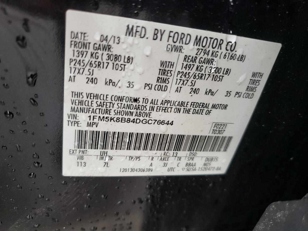 2013 Ford Explorer VIN: 1FM5K8B84DGC76644 Lot: 55736475
