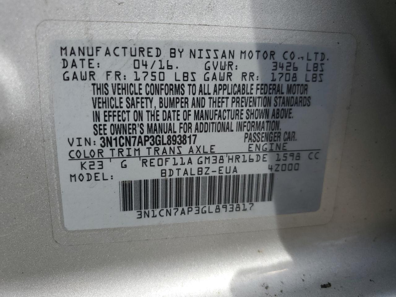 2016 Nissan Versa S VIN: 3N1CN7AP3GL893817 Lot: 57422935