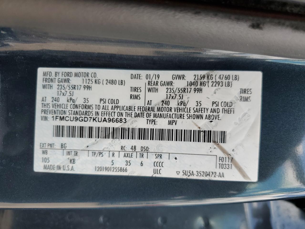 1FMCU9GD7KUA96683 FORD ESCAPE 2019