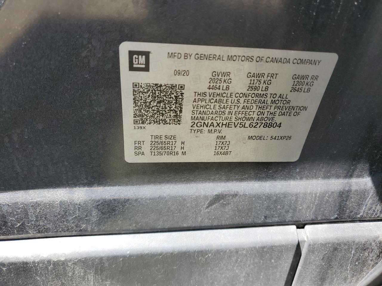 2020 Chevrolet Equinox Ls VIN: 2GNAXHEV5L6278804 Lot: 56592025