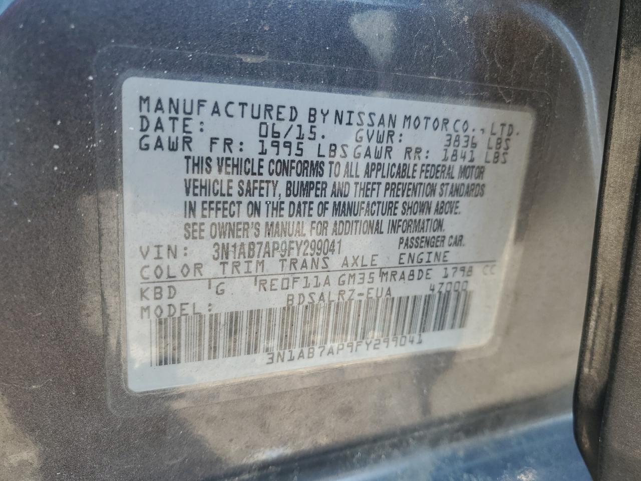 2015 Nissan Sentra S VIN: 3N1AB7AP9FY299041 Lot: 56552195