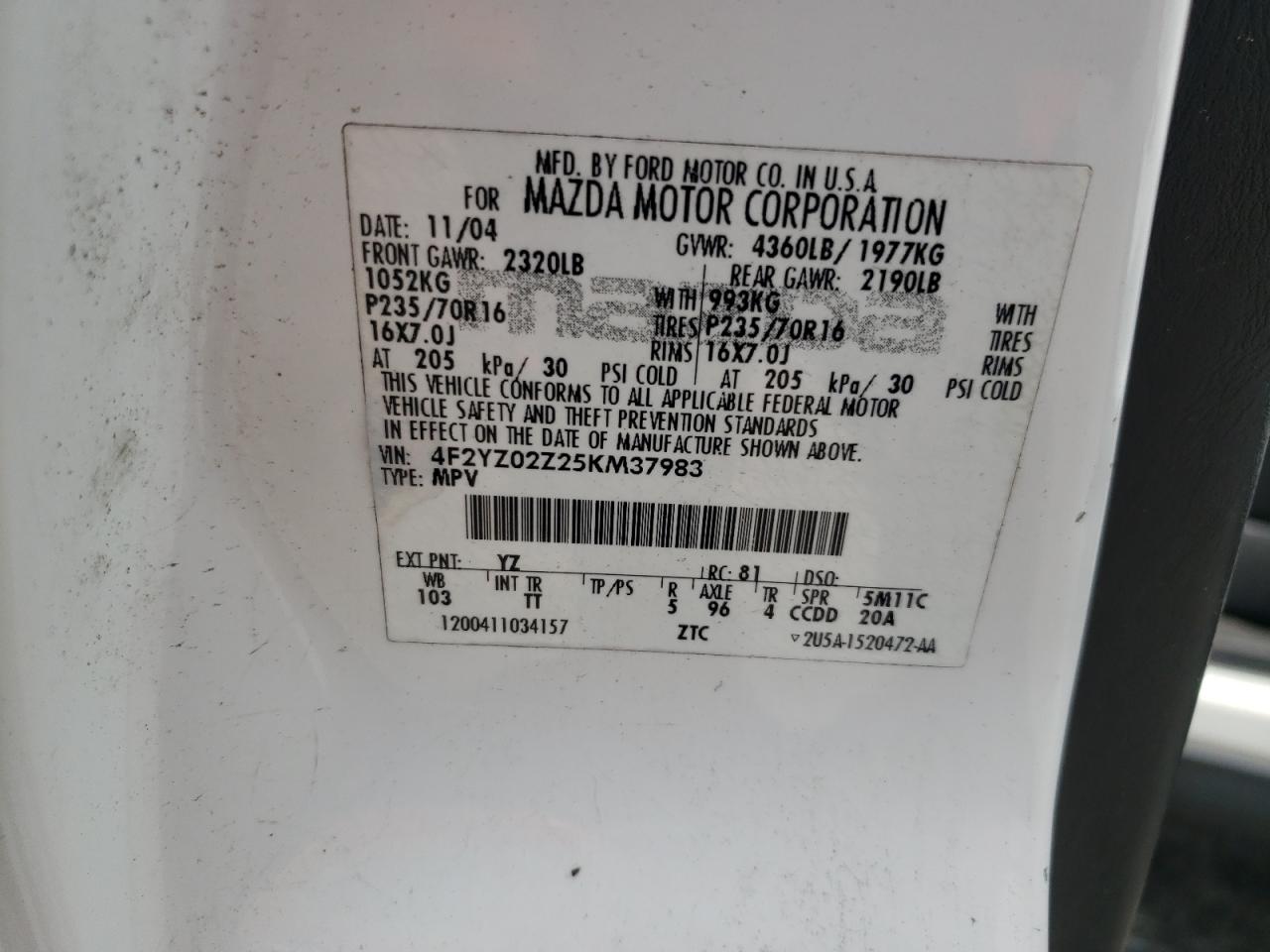 2005 Mazda Tribute I VIN: 4F2YZ02Z25KM37983 Lot: 57021535