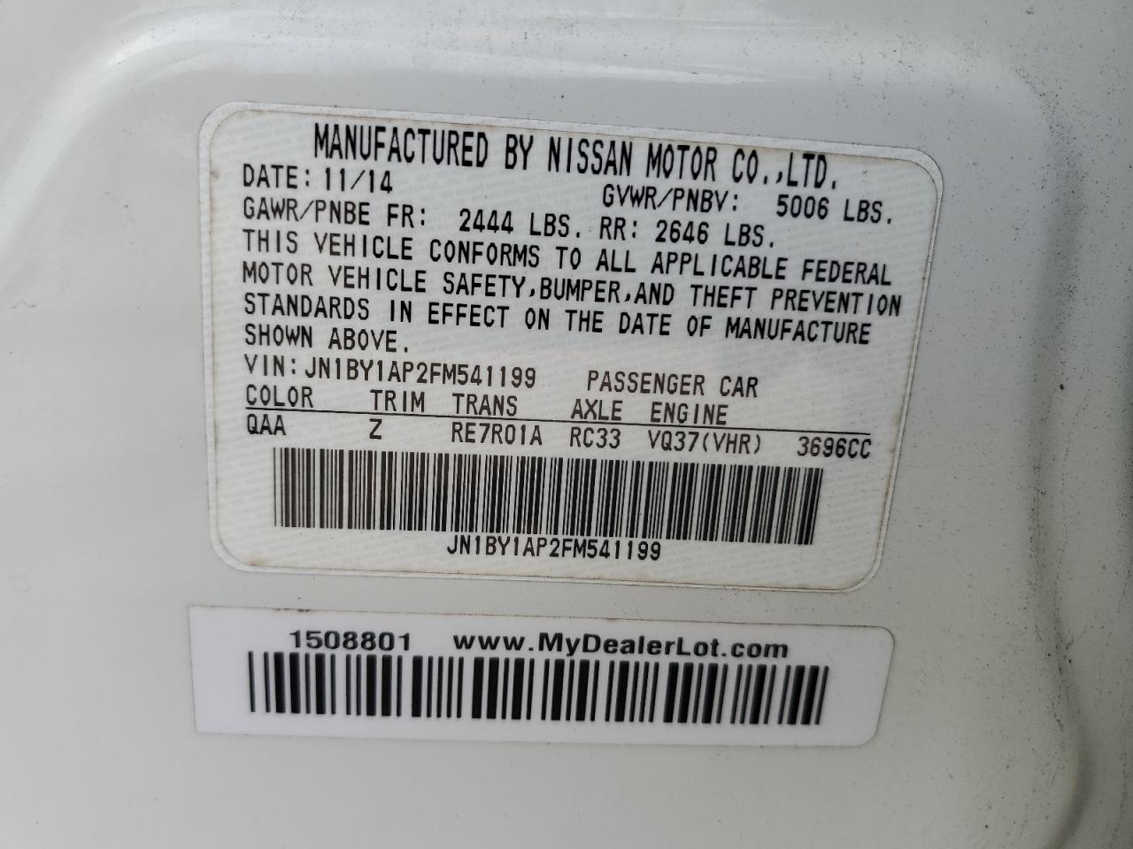 2015 Infiniti Q70 3.7 VIN: JN1BY1AP2FM541199 Lot: 57453875