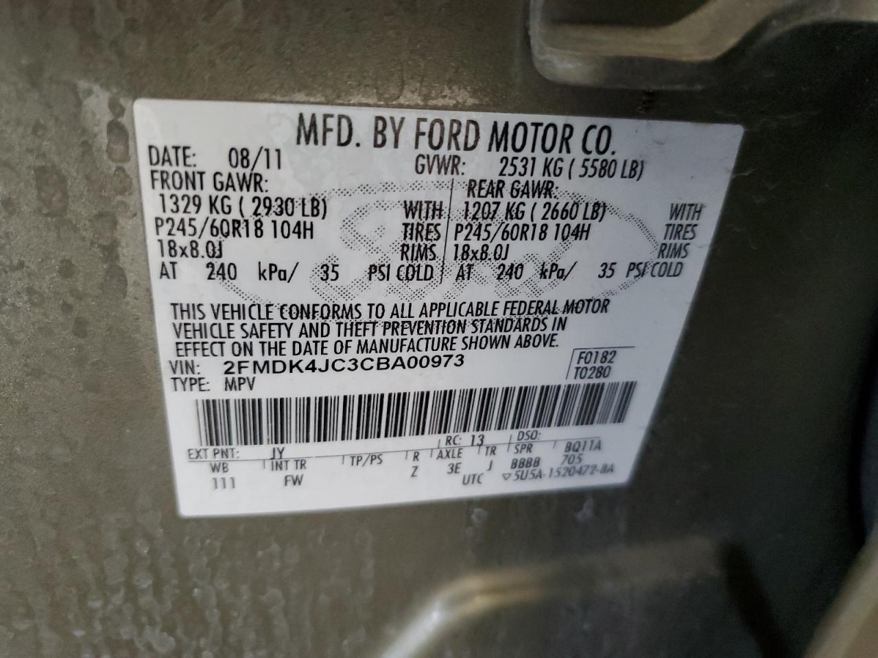 2012 Ford Edge Sel VIN: 2FMDK4JC3CBA00973 Lot: 56922835
