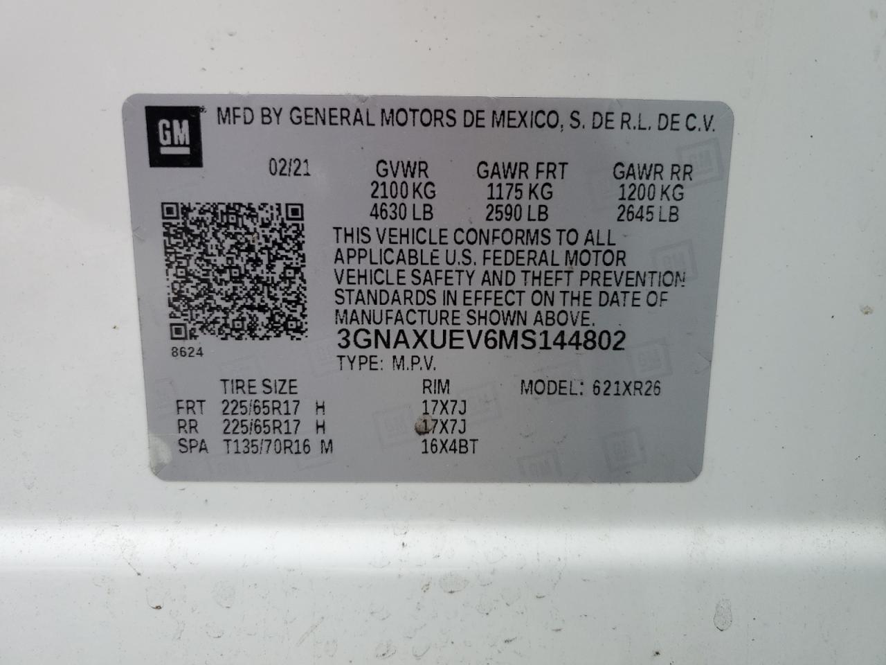 3GNAXUEV6MS144802 CHEVROLET EQUINOX 2021