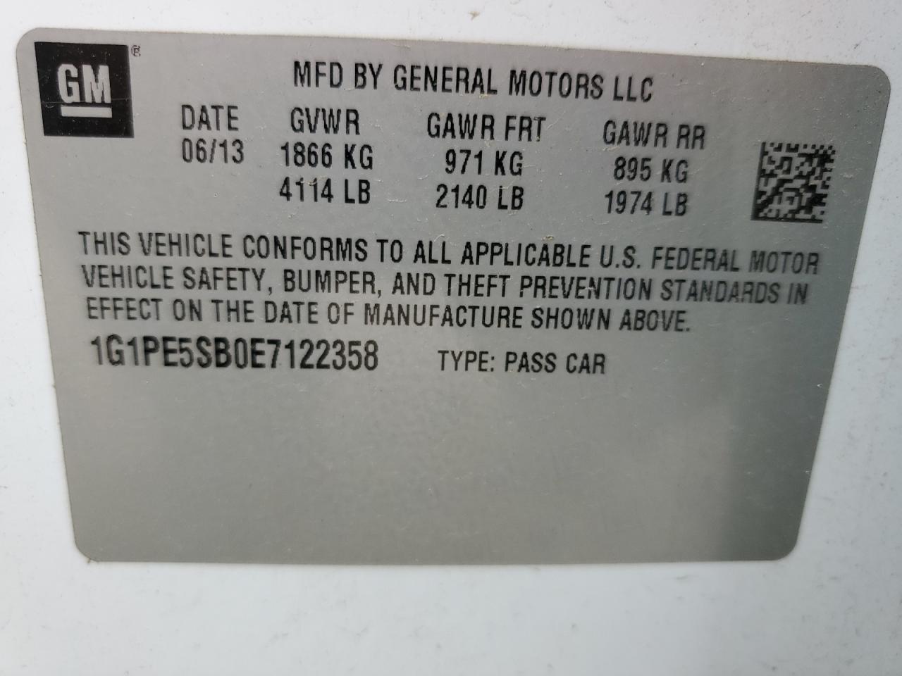 2014 Chevrolet Cruze Lt VIN: 1G1PE5SB0E7122358 Lot: 54950155