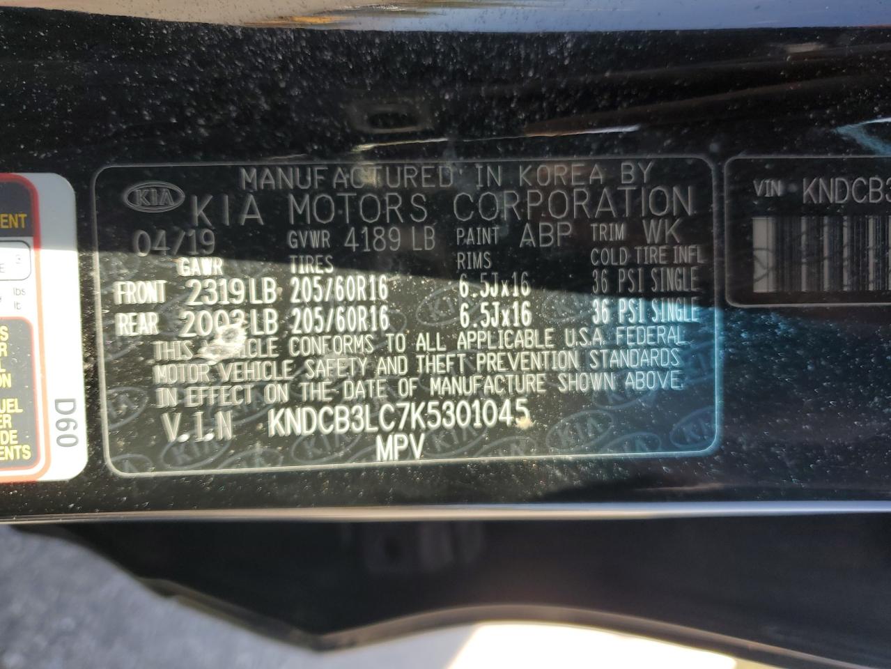2019 Kia Niro Fe VIN: KNDCB3LC7K5301045 Lot: 56592075