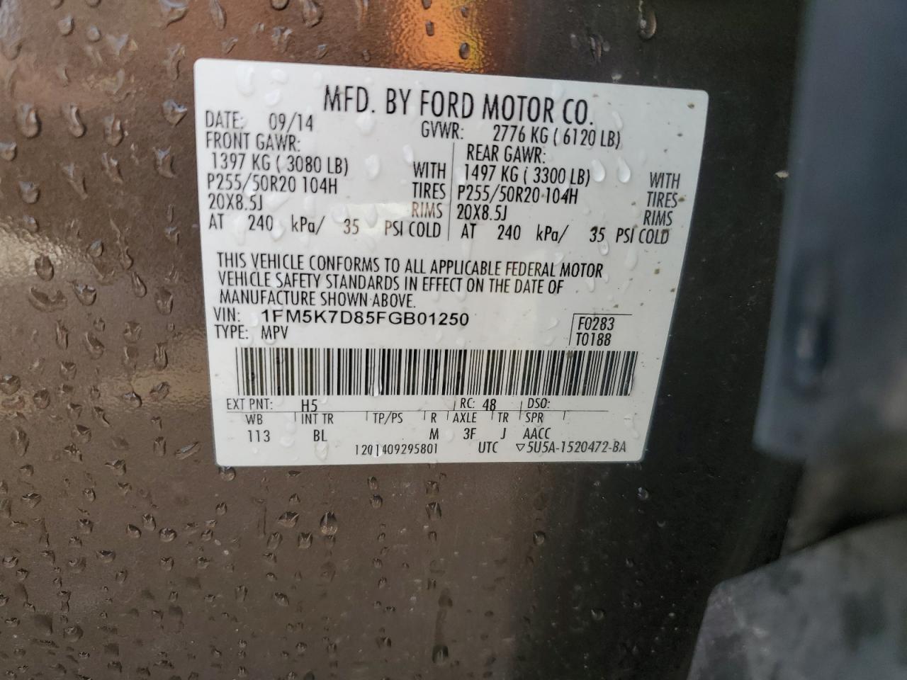 2015 Ford Explorer Xlt VIN: 1FM5K7D85FGB01250 Lot: 56833585
