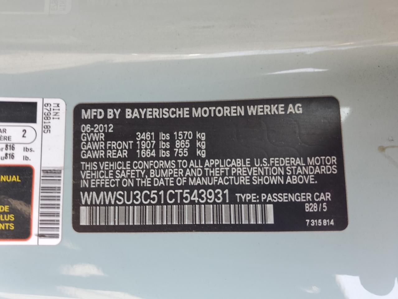 2012 Mini Cooper VIN: WMWSU3C51CT543931 Lot: 57533695