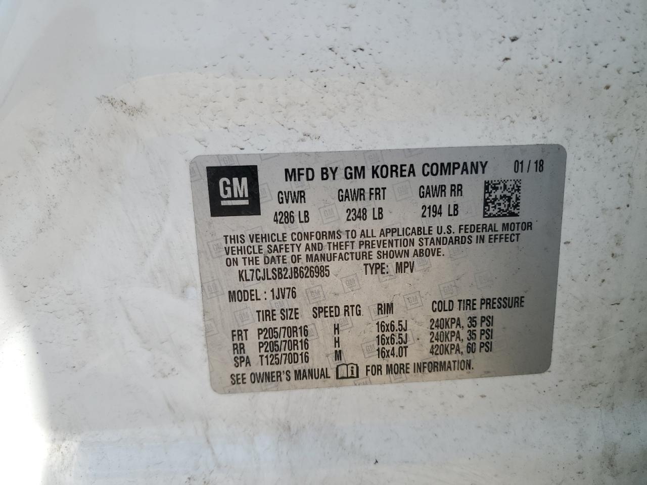 2018 Chevrolet Trax 1Lt VIN: KL7CJLSB2JB626985 Lot: 57043775