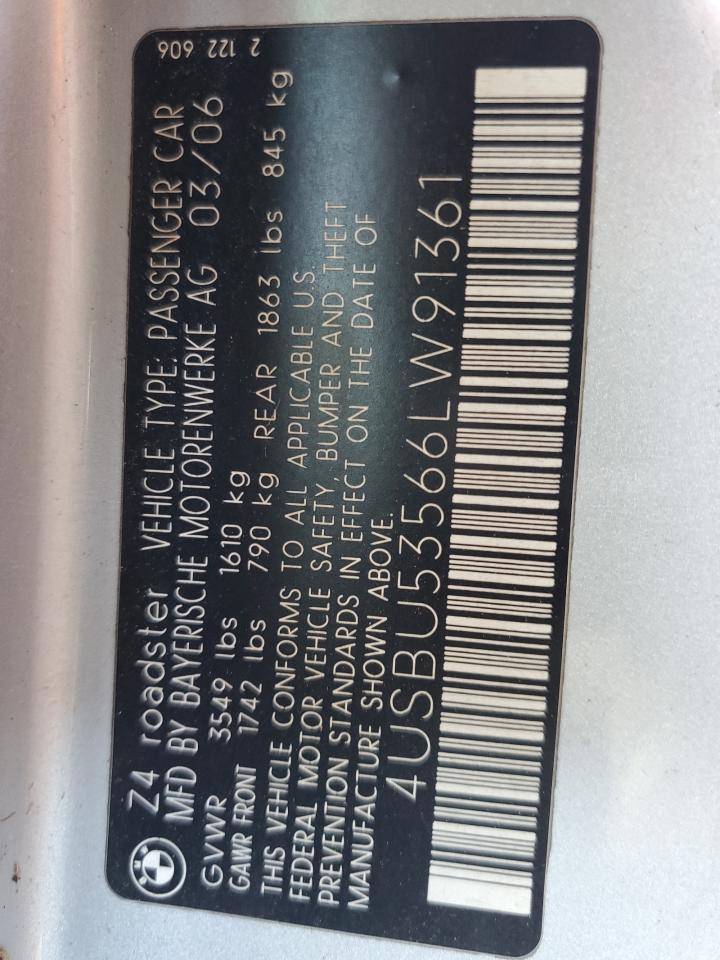 2006 BMW Z4 3.0Si VIN: 4USBU53566LW91361 Lot: 56066365