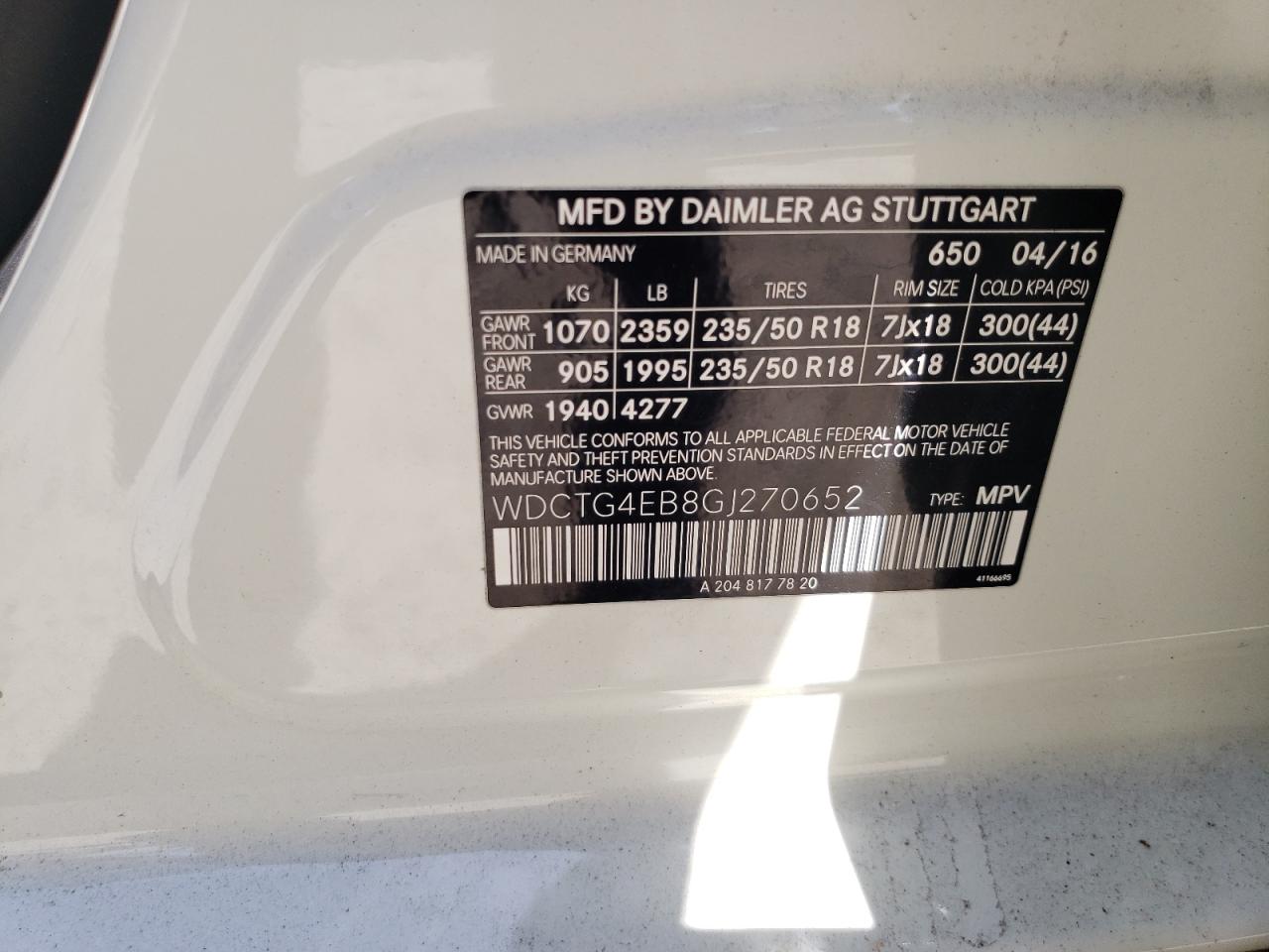 2016 Mercedes-Benz Gla 250 VIN: WDCTG4EB8GJ270652 Lot: 56347865