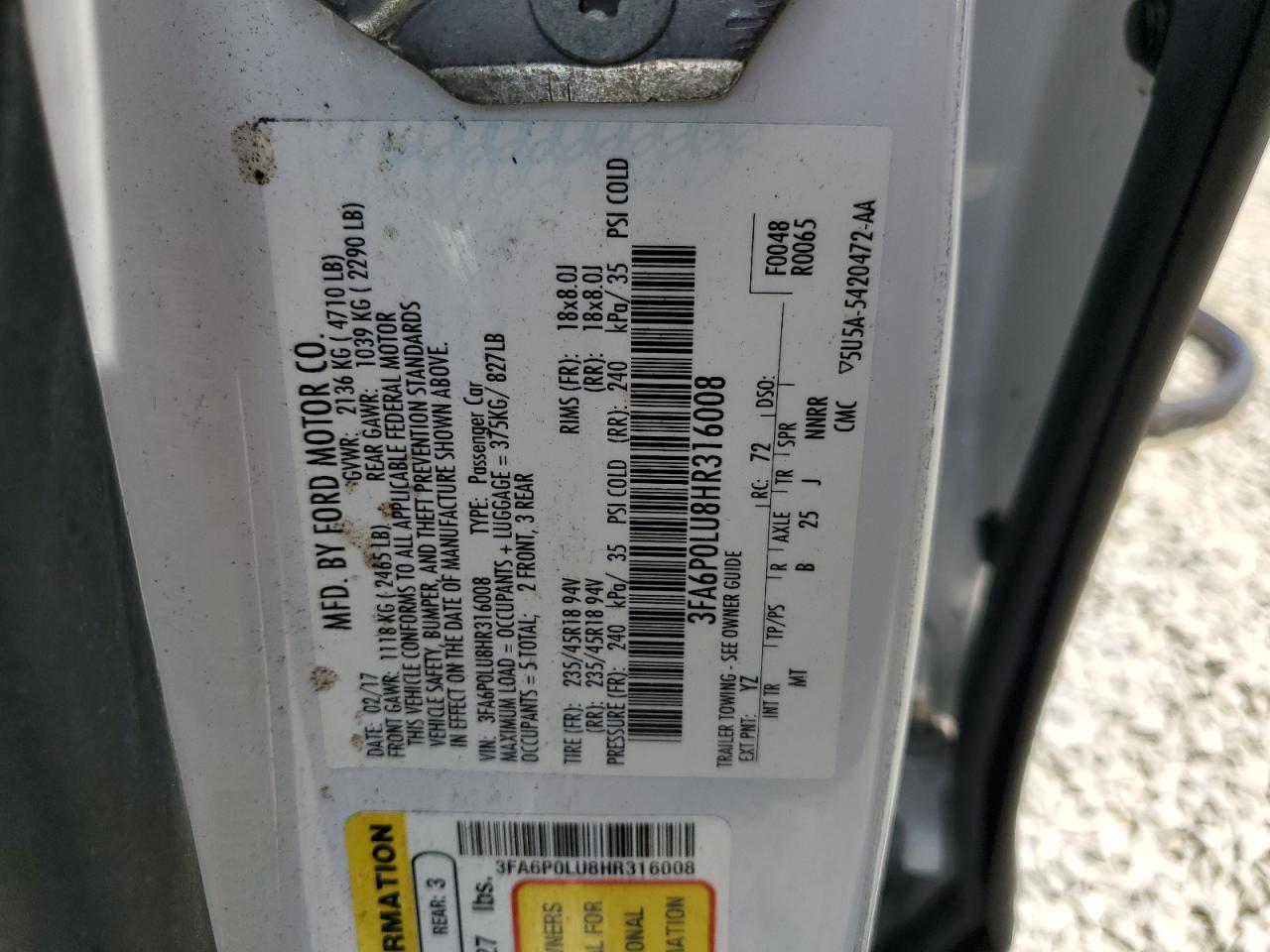 3FA6P0LU8HR316008 FORD FUSION 2017
