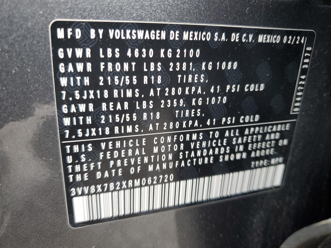 2024 Volkswagen Taos S VIN: 3VV8X7B2XRM062720 Lot: 56411355
