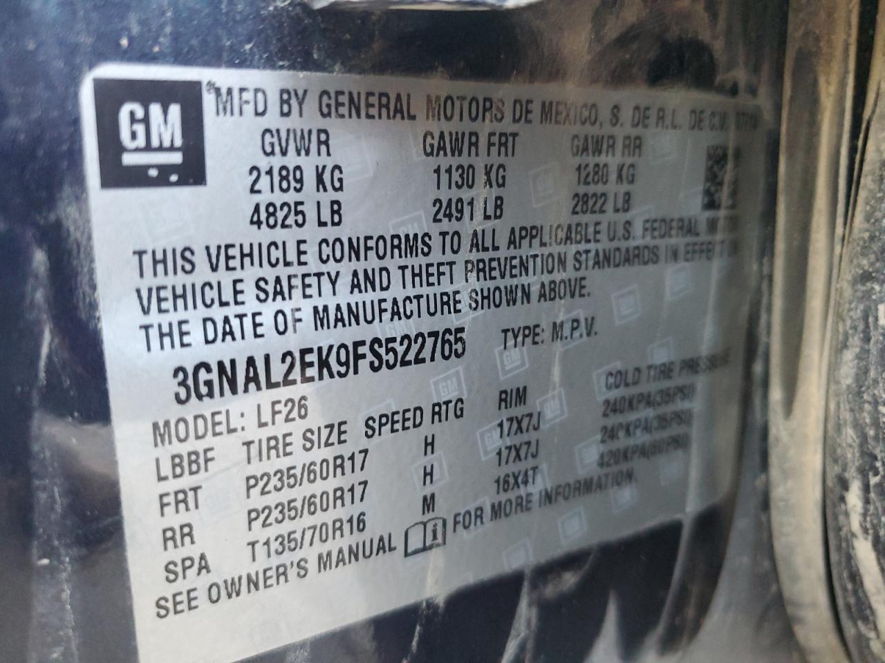 2015 Chevrolet Captiva Ls VIN: 3GNAL2EK9FS522765 Lot: 56231345