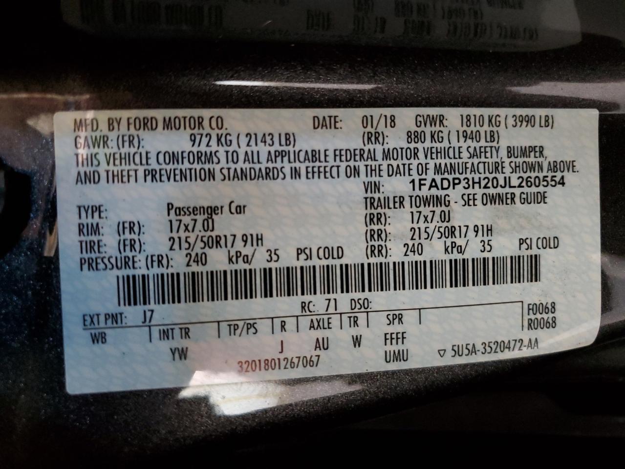 1FADP3H20JL260554 FORD FOCUS 2018