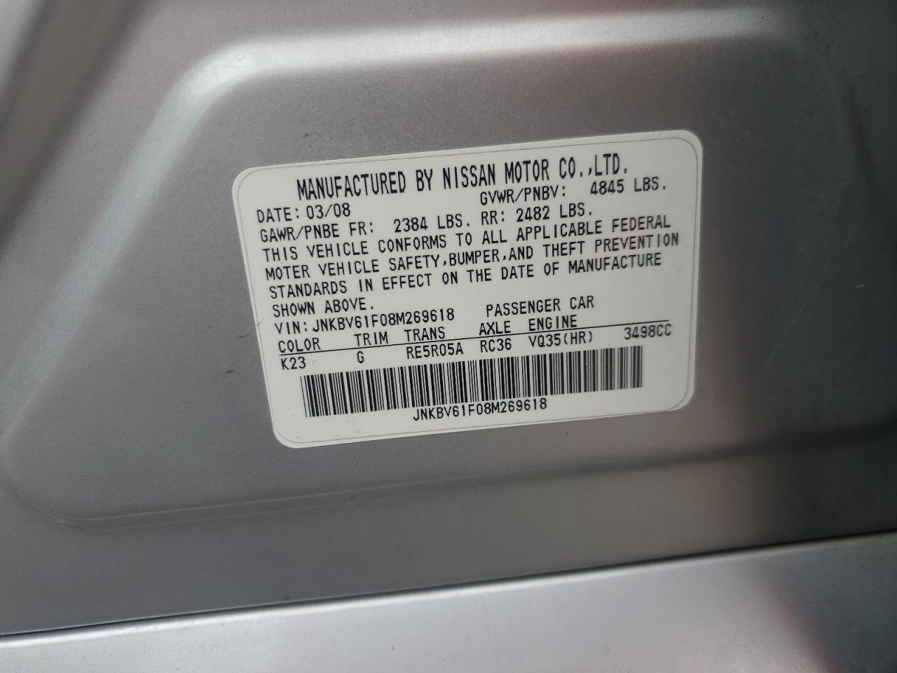 2008 Infiniti G35 VIN: JNKBV61F08M269618 Lot: 57602695