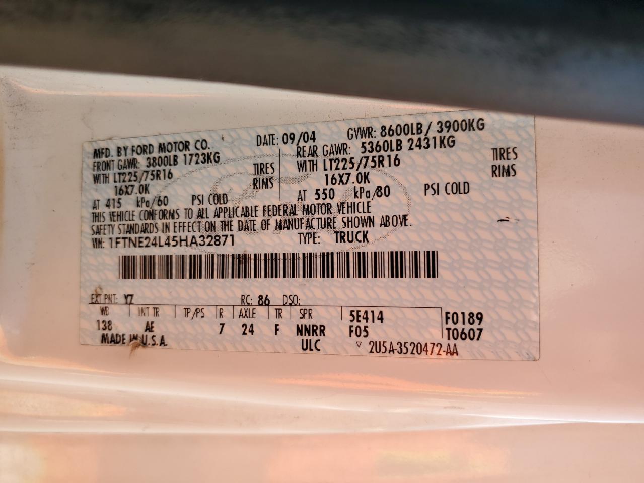 2005 Ford Econoline E250 Van VIN: 1FTNE24L45HA32871 Lot: 58190835