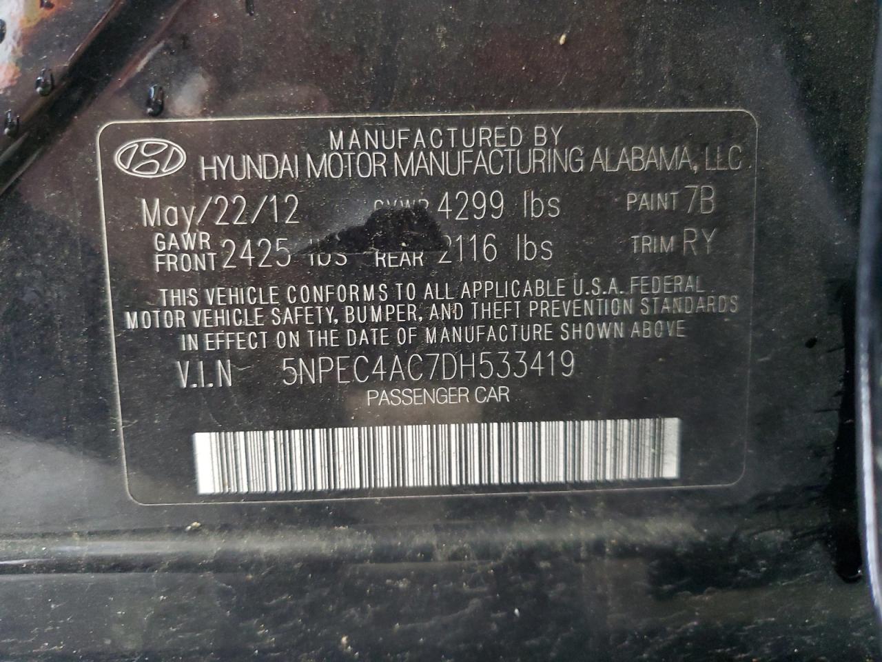 2013 Hyundai Sonata Se VIN: 5NPEC4AC7DH533419 Lot: 56623125
