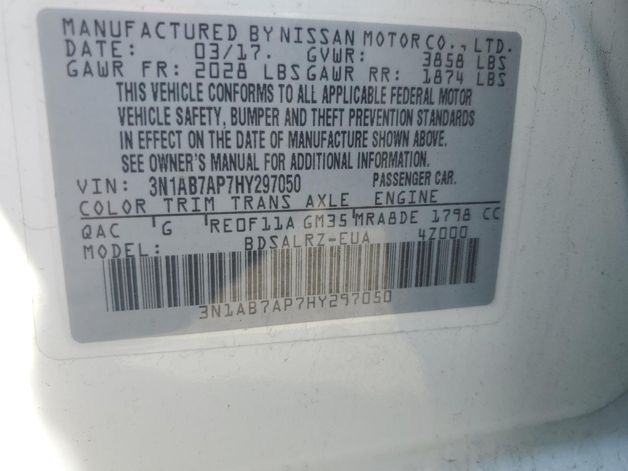3N1AB7AP7HY297050 NISSAN SENTRA 2017
