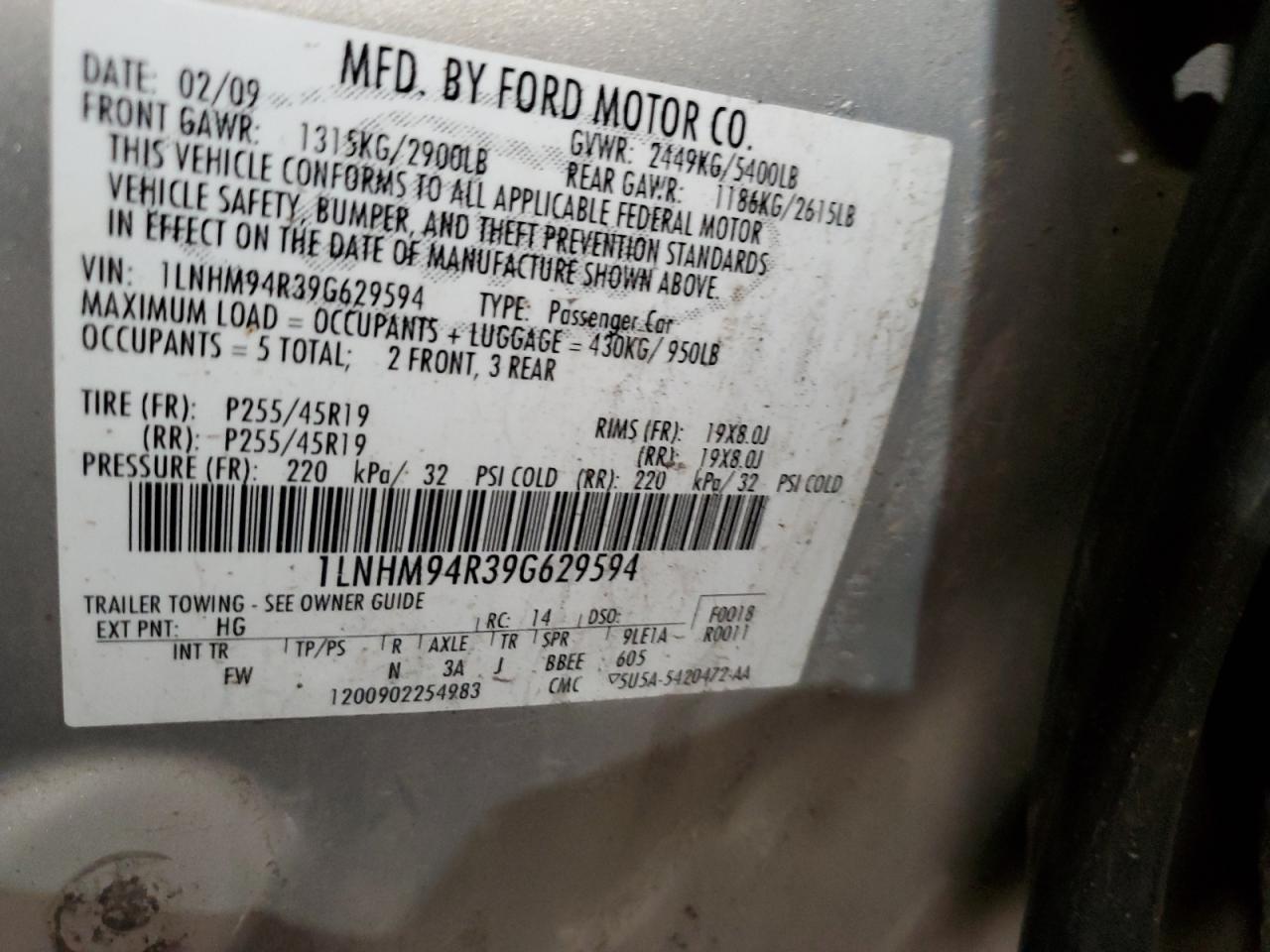 2021 Lincoln Mks VIN: 1LNHM94R39G629594 Lot: 56986125
