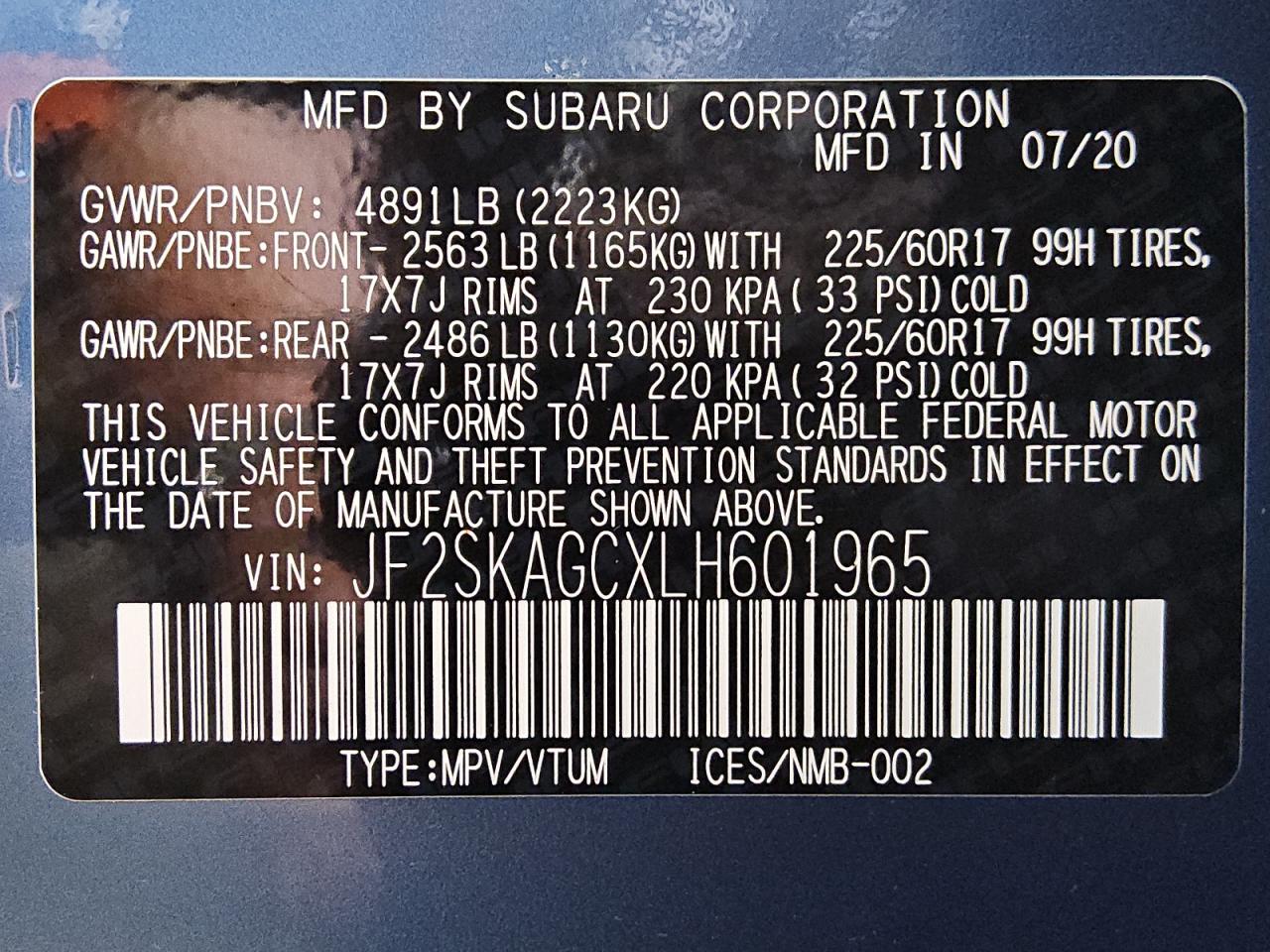 2020 Subaru Forester Premium VIN: JF2SKAGCXLH601965 Lot: 55585545