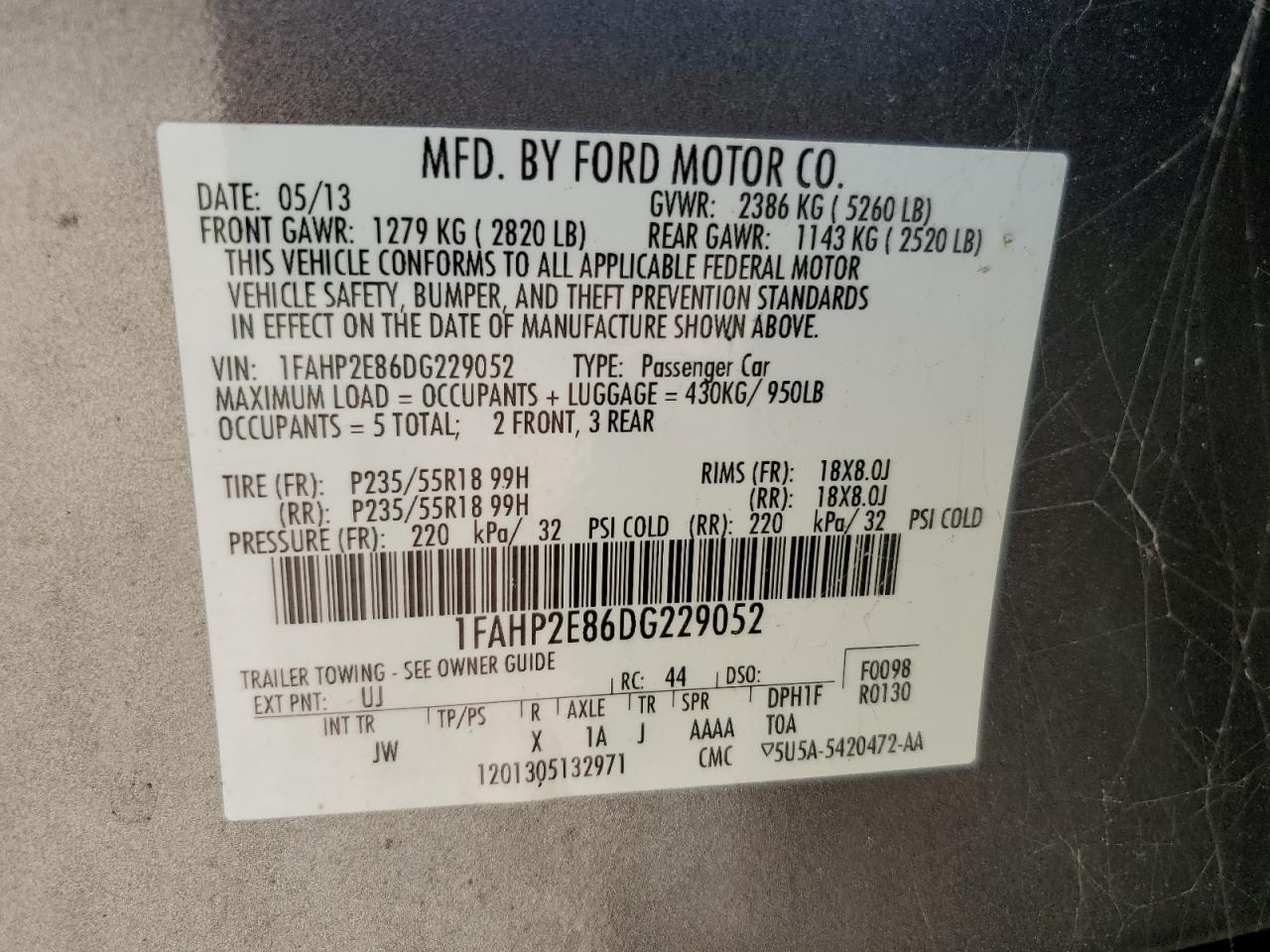 2013 Ford Taurus Sel VIN: 1FAHP2E86DG229052 Lot: 57530755