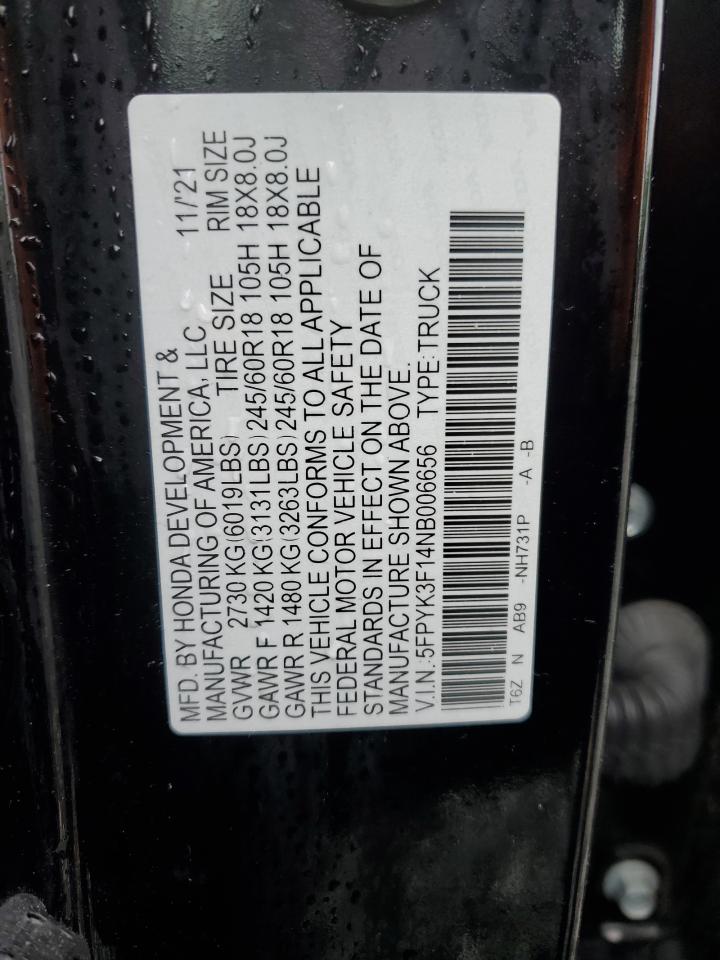2022 Honda Ridgeline Sport VIN: 5FPYK3F14NB006656 Lot: 55895635