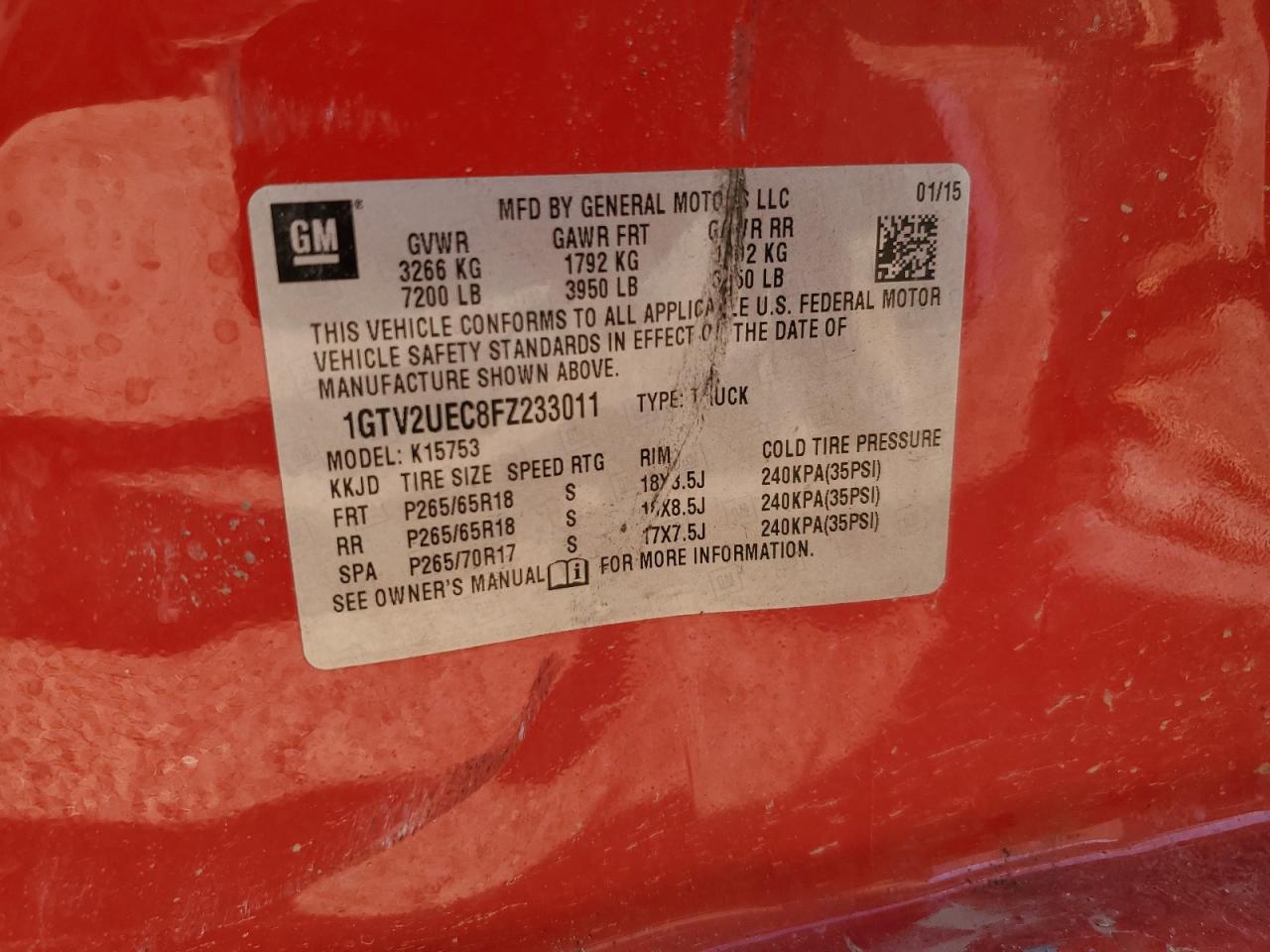 2015 GMC Sierra K1500 Sle VIN: 1GTV2UEC8FZ233011 Lot: 56189205