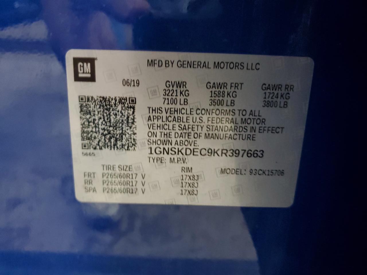 1GNSKDEC9KR397663 CHEVROLET TAHOE 2019