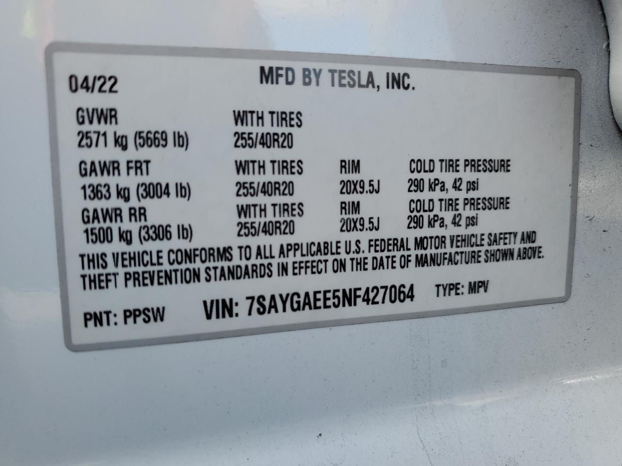 2022 Tesla Model Y VIN: 7SAYGAEE5NF427064 Lot: 55993565