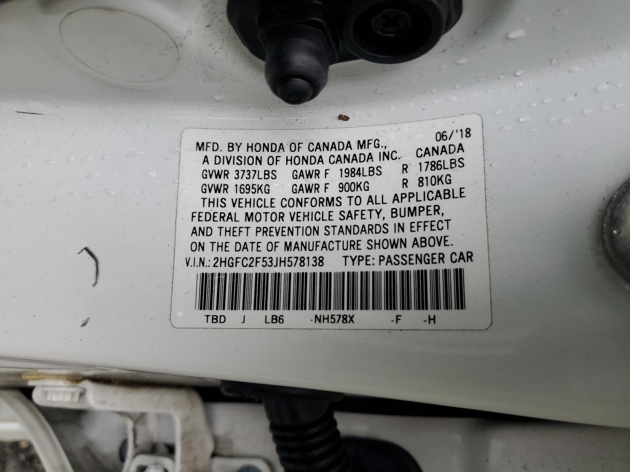 2018 Honda Civic Lx VIN: 2HGFC2F53JH578138 Lot: 58770855