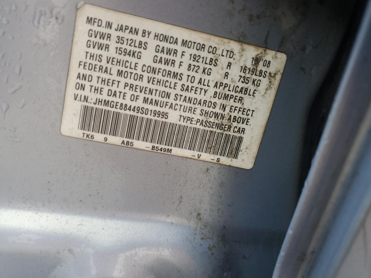 2009 Honda Fit Sport VIN: JHMGE88449S019995 Lot: 58665825
