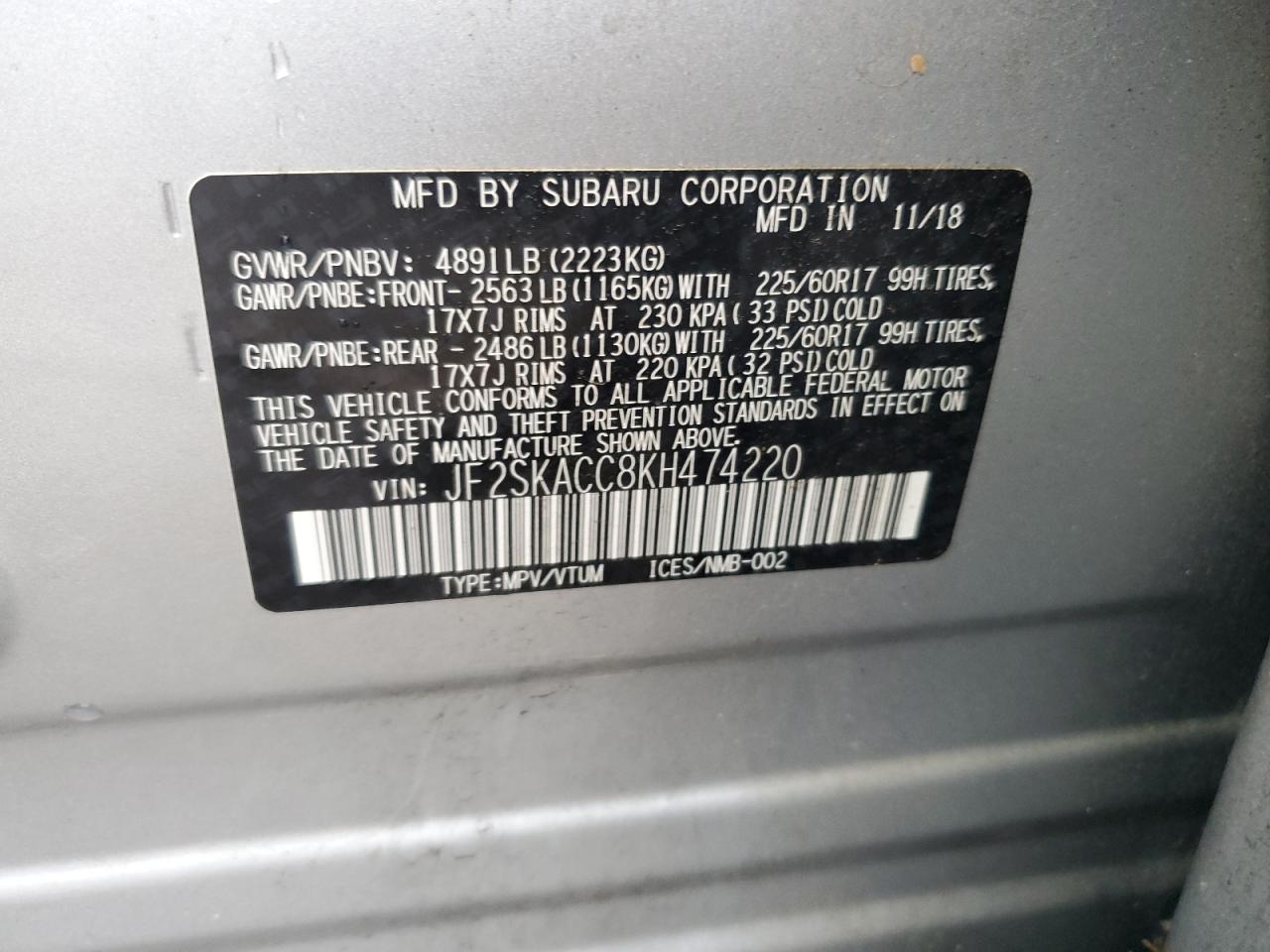 2019 Subaru Forester VIN: JF2SKACC8KH474220 Lot: 56480785