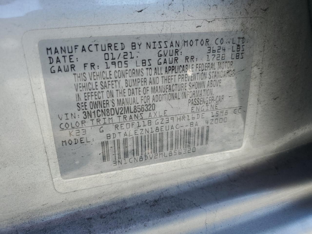 2021 Nissan Versa S VIN: 3N1CN8DV2ML856320 Lot: 57510785