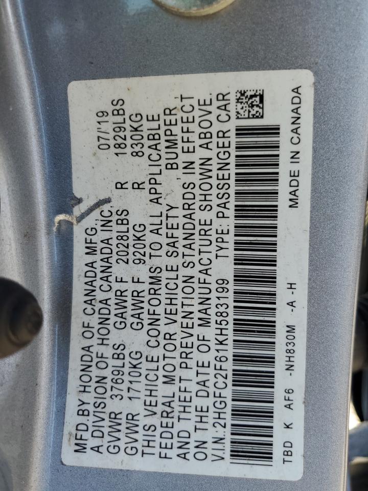 2019 Honda Civic Lx VIN: 2HGFC2F61KH583199 Lot: 56917585