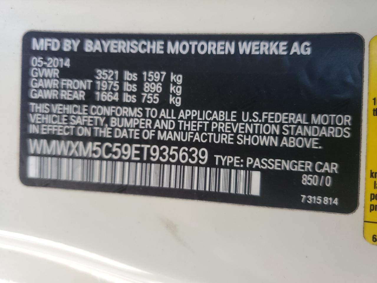 2014 Mini Cooper VIN: WMWXM5C59ET935639 Lot: 57048845