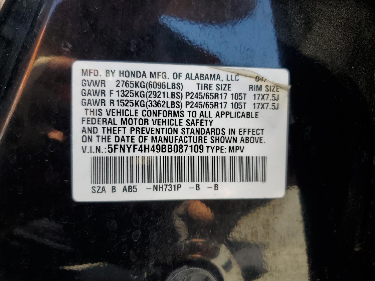 2011 Honda Pilot Ex VIN: 5FNYF4H49BB087109 Lot: 56425065